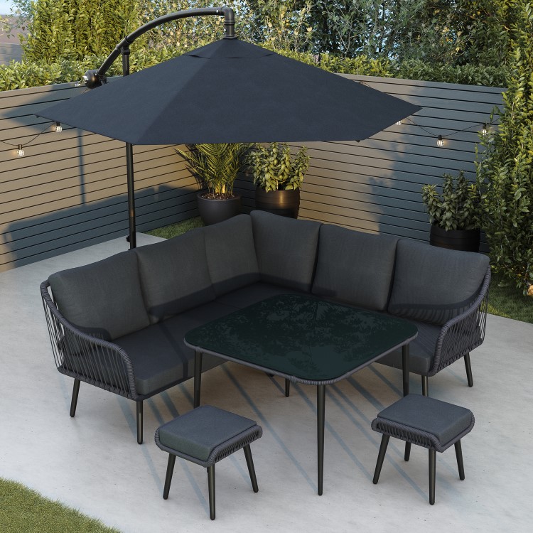 Black Rope Effect Corner Sofa Set with Matching Stools and Parasol