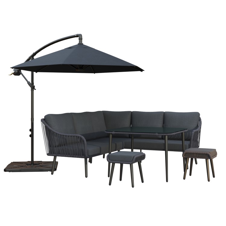 8 Seater Black Garden Corner Sofa Set with Rope Effect with Matching Dining Table - Parasol Included