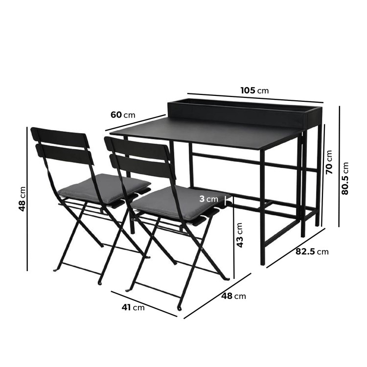Black Aluminium Space-Saving Balcony Bistro Set with Folding Chairs & Planter Box