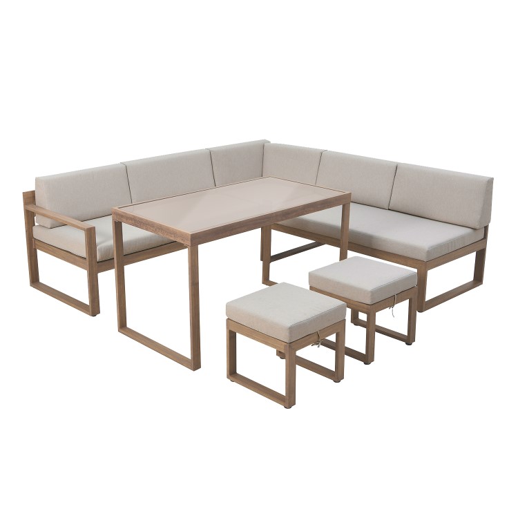 7 Seater Aluminium Garden Corner Sofa Set with Cushioned Stools & Matching Table