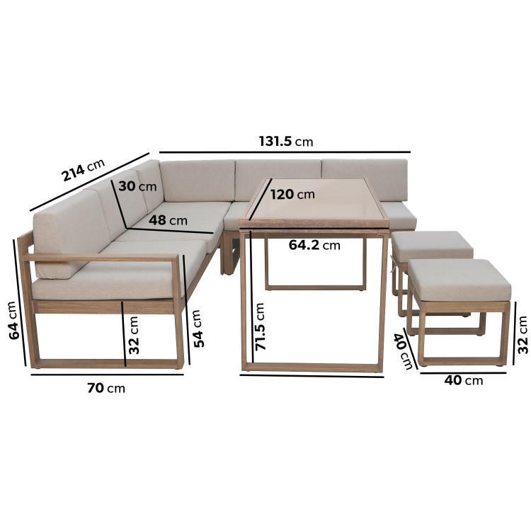 7 Seater Aluminium Garden Corner Sofa Set with Cushioned Stools & Matching Table