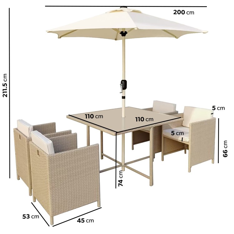 4 Seater Beige Rattan Cube Outdoor Dining Set with Parasol
