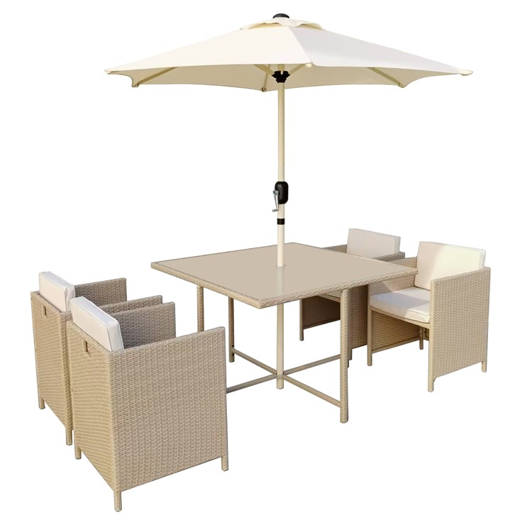 4 Seater Beige Rattan Cube Outdoor Dining Set with Parasol