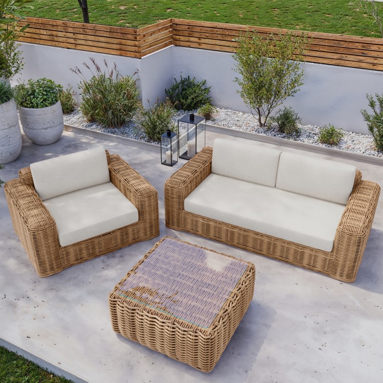 3 Seater Chunky Rattan Garden Beige Sofa & Armchair Set with Matching Coffee Table