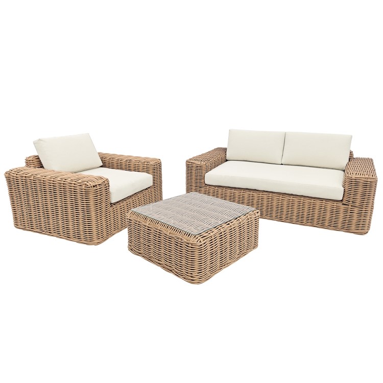 3 Seater Chunky Rattan Garden Beige Sofa & Armchair Set with Matching Coffee Table