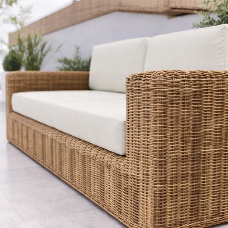 3 Seater Chunky Rattan Garden Beige Sofa & Armchair Set with Matching Coffee Table