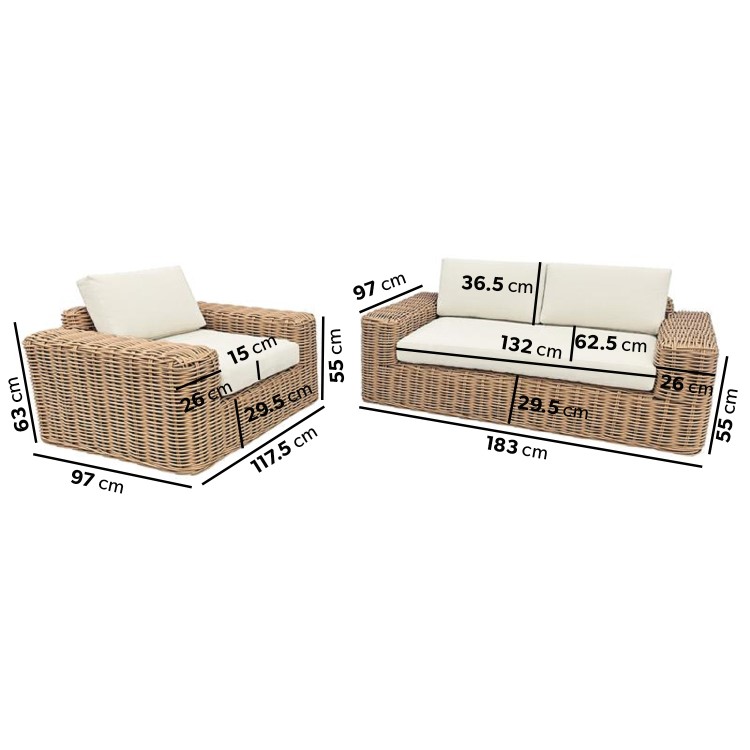 3 Seater Thick Rattan Armchair & Sofa Garden Set