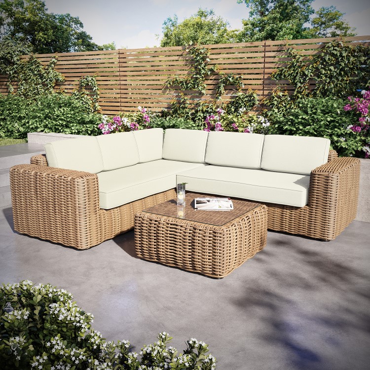 5 Seater Beige Rattan Garden Corner Sofa with Matching Coffee Table
