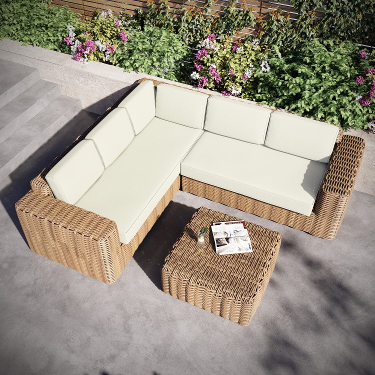 5 Seater Beige Rattan Garden Corner Sofa with Matching Coffee Table