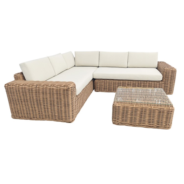 5 Seater Beige Rattan Garden Corner Sofa with Matching Coffee Table