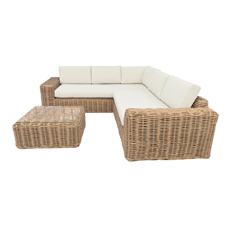 5 Seater Beige Rattan Garden Corner Sofa with Matching Coffee Table