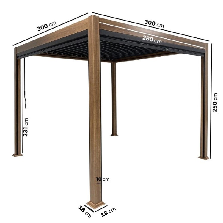 3 x 3m Heavy Duty Wood Effect Aluminium Pergola with Louvred Shutter Roof and Two Textilene Side Panels