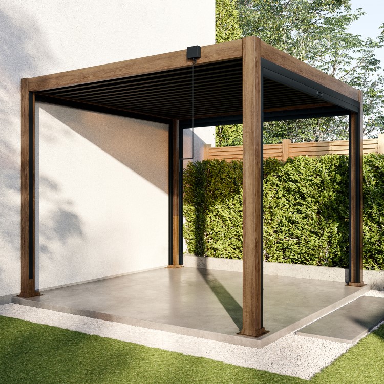 3 x 3m Heavy Duty Aluminium Wood Effect Louvred Pergola & 2 Textilene Side Panels