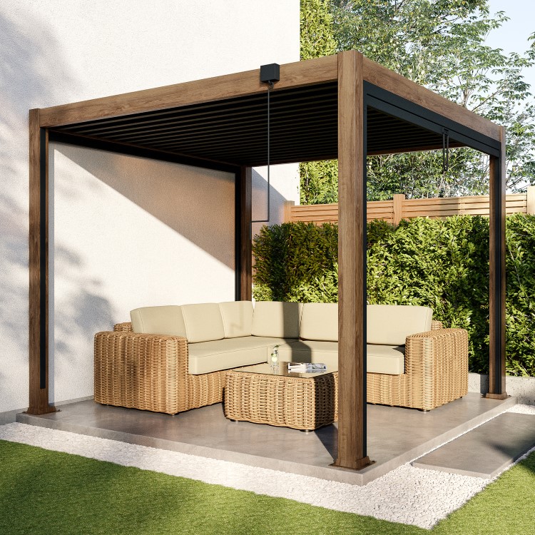 3 x 3m Heavy Duty Aluminium Wood Effect Louvred Pergola & 2 Textilene Side Panels