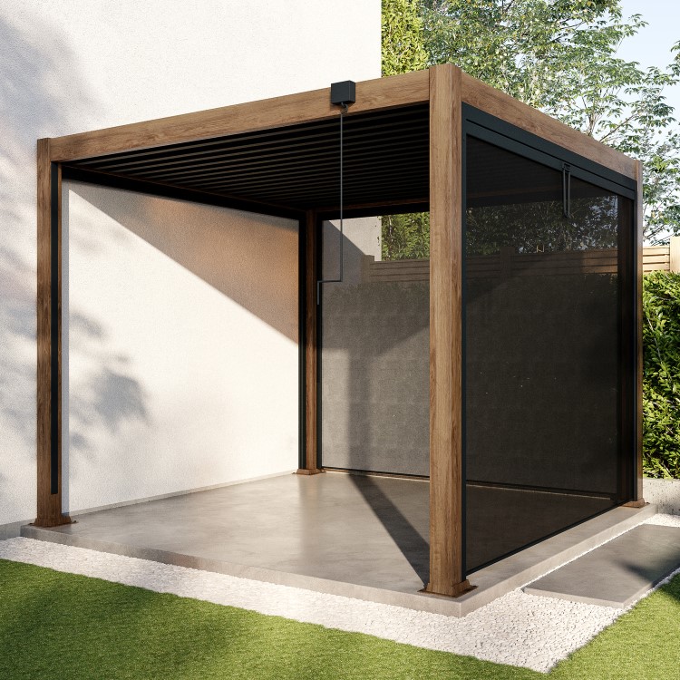 3 x 3m Heavy Duty Wood Effect Aluminium Pergola with Louvred Shutter Roof and Two Textilene Side Panels