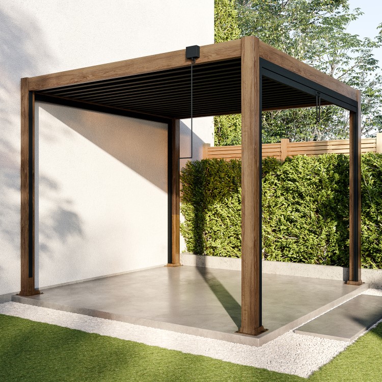 3 x 3m Heavy Duty Wood Effect Aluminium Pergola with Louvred Shutter Roof and Two Textilene Side Panels