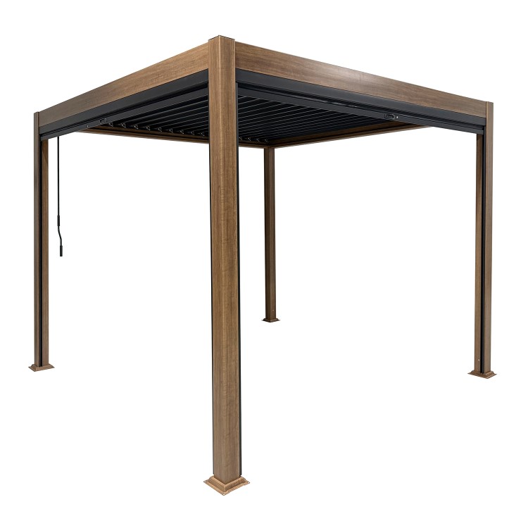 3 x 3m Heavy Duty Wood Effect Aluminium Pergola with Louvred Shutter Roof and Two Textilene Side Panels