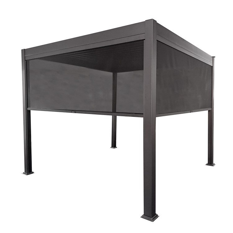 3 x 3m LED Light Heavy Duty Charcoal Aluminium Pergola with Louvred Shutter Roof Two Textilene Side Panel