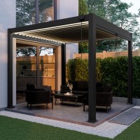3 x 3m LED Light Heavy Duty Charcoal Aluminium Pergola with Louvred Shutter Roof Two Textilene Side Panel