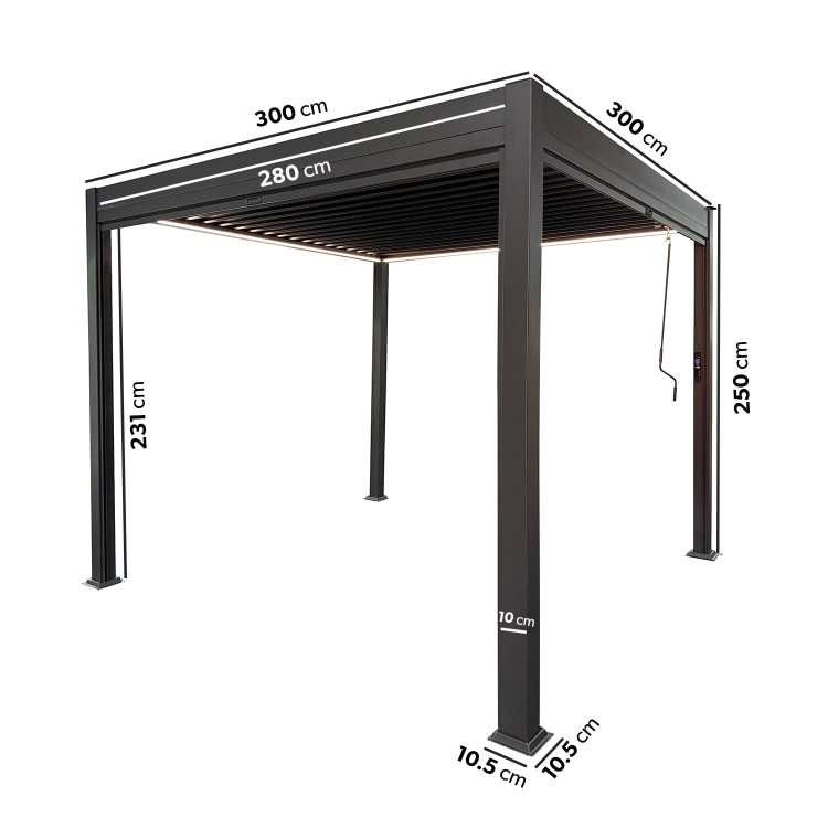 3 x 3m LED Light Heavy Duty Charcoal Aluminium Pergola with Louvred Shutter Roof Two Textilene Side Panel