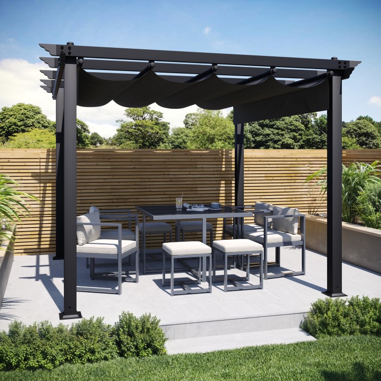 3 x 3m Aluminium Charcoal Pergola with Retractable Fabric Roof