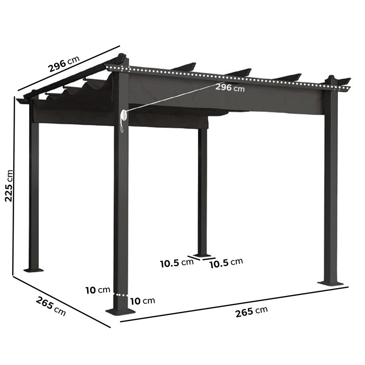 3 x 3m Aluminium Charcoal Pergola with Retractable Fabric Roof