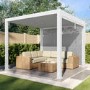 3 x 3m Heavy Duty White Aluminium Pergola with Louvred Shutter Roof with Two Textilene Side Panels