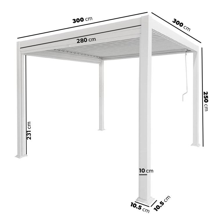 3 x 3m Heavy Duty White Aluminium Pergola with Louvred Shutter Roof with Two Textilene Side Panels