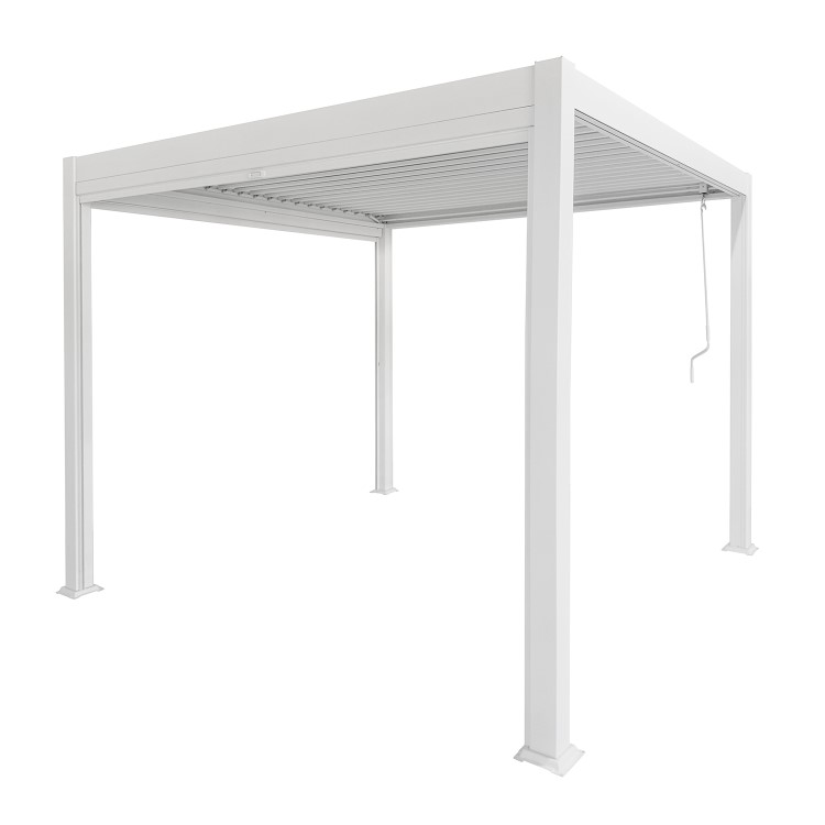 3 x 3m Heavy Duty White Aluminium Pergola with Louvred Shutter Roof with Two Textilene Side Panels
