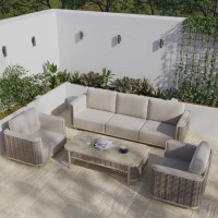 5 Seater Beige Rattan Sofa and Armchair Set with Coffee Table 5 Seater Beige Rattan Sofa and Armchair Set with Coffee Table
