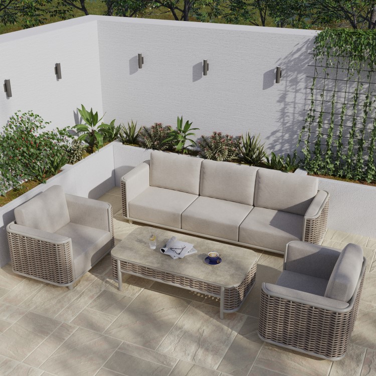 5 Seater Beige Aluminium and Rattan Sofa Set with Matching Coffee Table