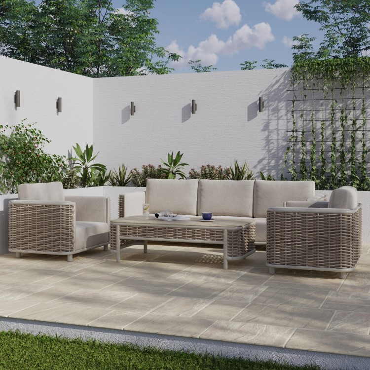 5 Seater Beige Aluminium and Rattan Sofa Set with Matching Coffee Table