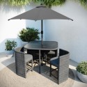 FTR239 4 Seater Grey Rattan Cube Garden Dining Set with Matching Parasol