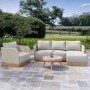 4 Seater Beige Wood Effect Rattan Garden Chaise Sofa Set with Round Coffee Table
