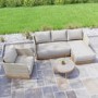4 Seater Beige Wood Effect Rattan Garden Chaise Sofa Set with Round Coffee Table
