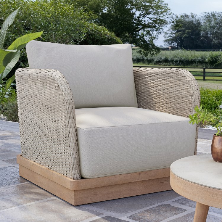 4 Seater Beige Wood Effect Rattan Garden Chaise Sofa Set with Round Coffee Table