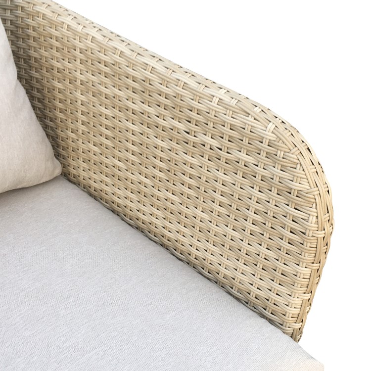 4 Seater Beige Wood Effect Rattan Garden Chaise Sofa Set with Round Coffee Table