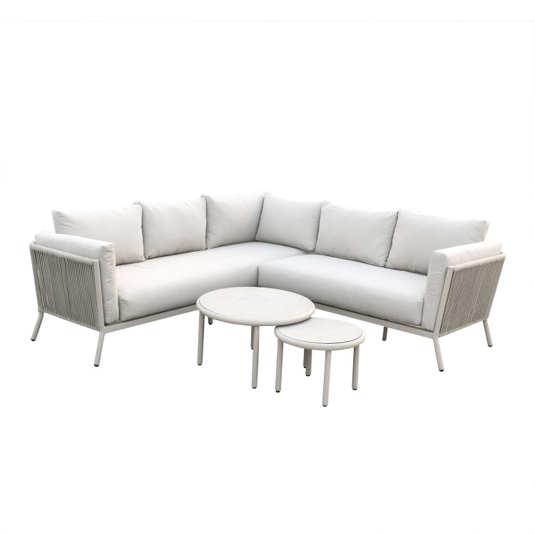 5 Seater Beige Rope Garden Corner Sofa Set with Nesting Tables