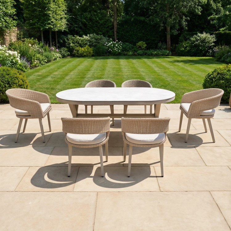 6 Seater Beige Aluminium & Rattan Oval Garden Dining Set