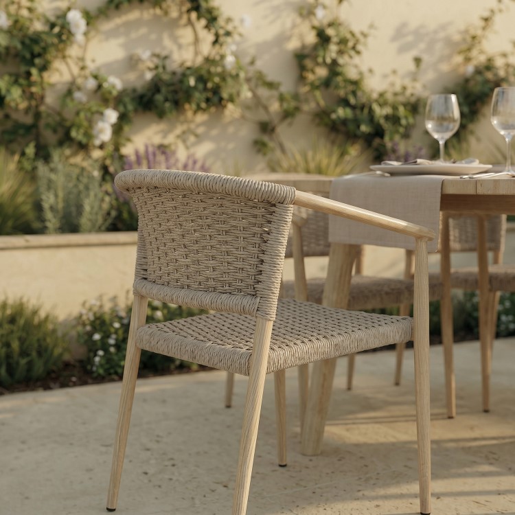 6 Seater Wood Effect Garden Dining Set with Rattan Chairs