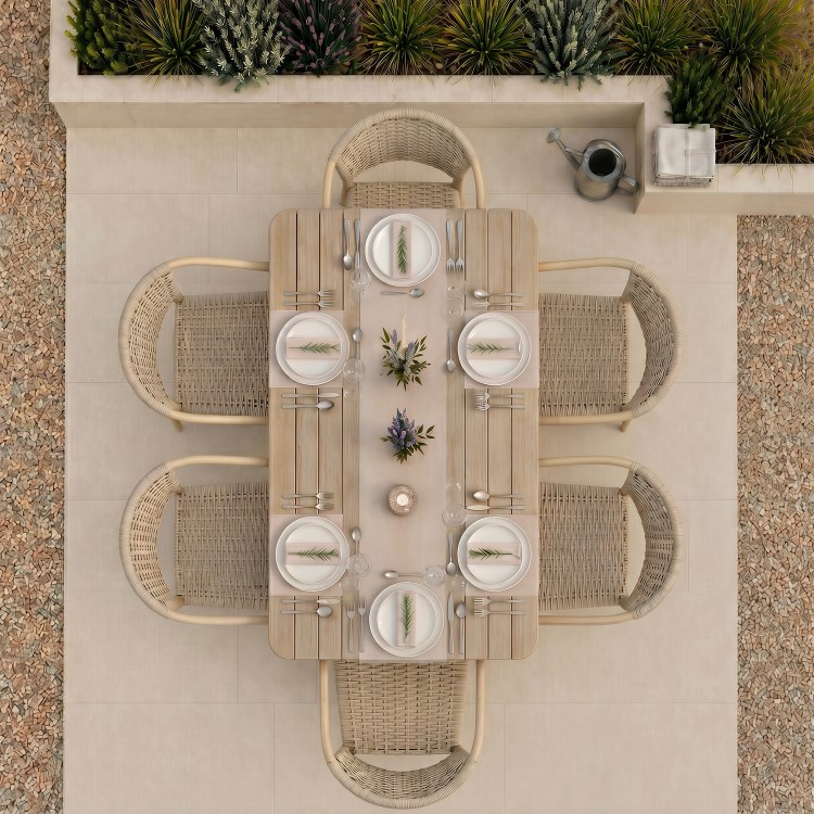 6 Seater Wood Effect Garden Dining Set with Rattan Chairs