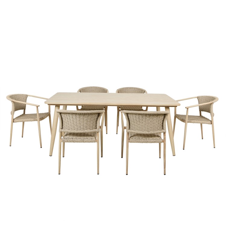 6 Seater Wood Effect Garden Dining Set with Rattan Chairs