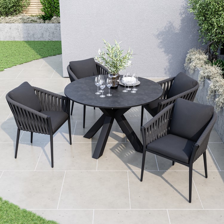 4 Seater Black Rope Round Garden Dining Set