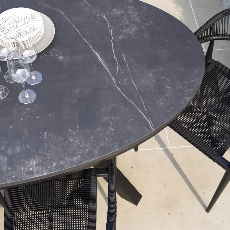 6 Seater Black Garden Wicker Dining Set with Sintered Stone Oval Table 