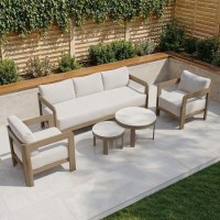 5 Seater Aluminium Wood Effect Beige Garden Sofa Set with Nesting Tables