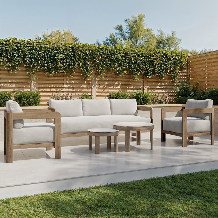 5 Seater Aluminium Wood Effect Beige Garden Sofa Set with Nesting Tables