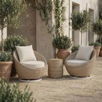 2 Seater Beige Rattan Round Bistro Set with Swivel Chairs and Table