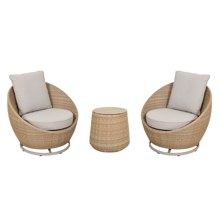 2 Seater Beige Rattan Round Bistro Set with Swivel Chairs and Table