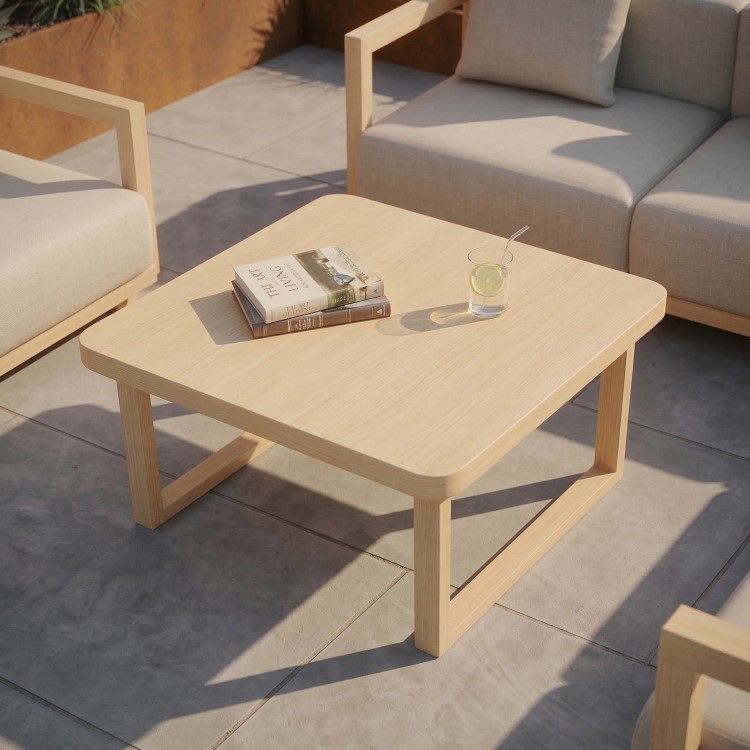 6 Seater Beige Aluminium Wood Effect Garden Sofa with Matching Coffee Table