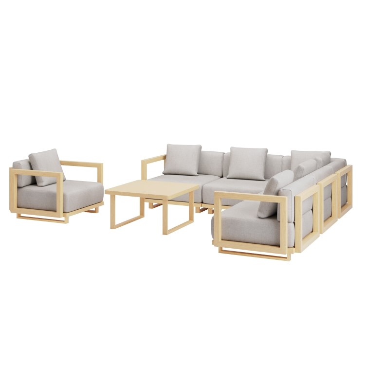 6 Seater Beige Aluminium Wood Effect Garden Sofa with Matching Coffee Table